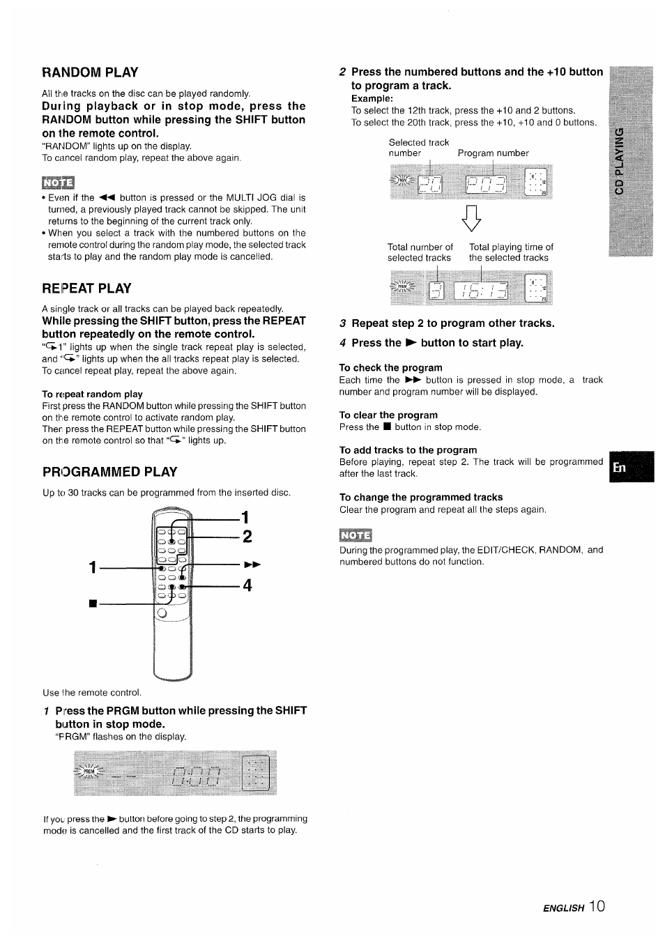 Random play, Repeat play, To repeat random play | Programmed play, To check the program, To clear the program, To add tracks to the program, To change the programmed tracks, I ; i lj -ij u | Aiwa XR-M35 User Manual | Page 11 / 64