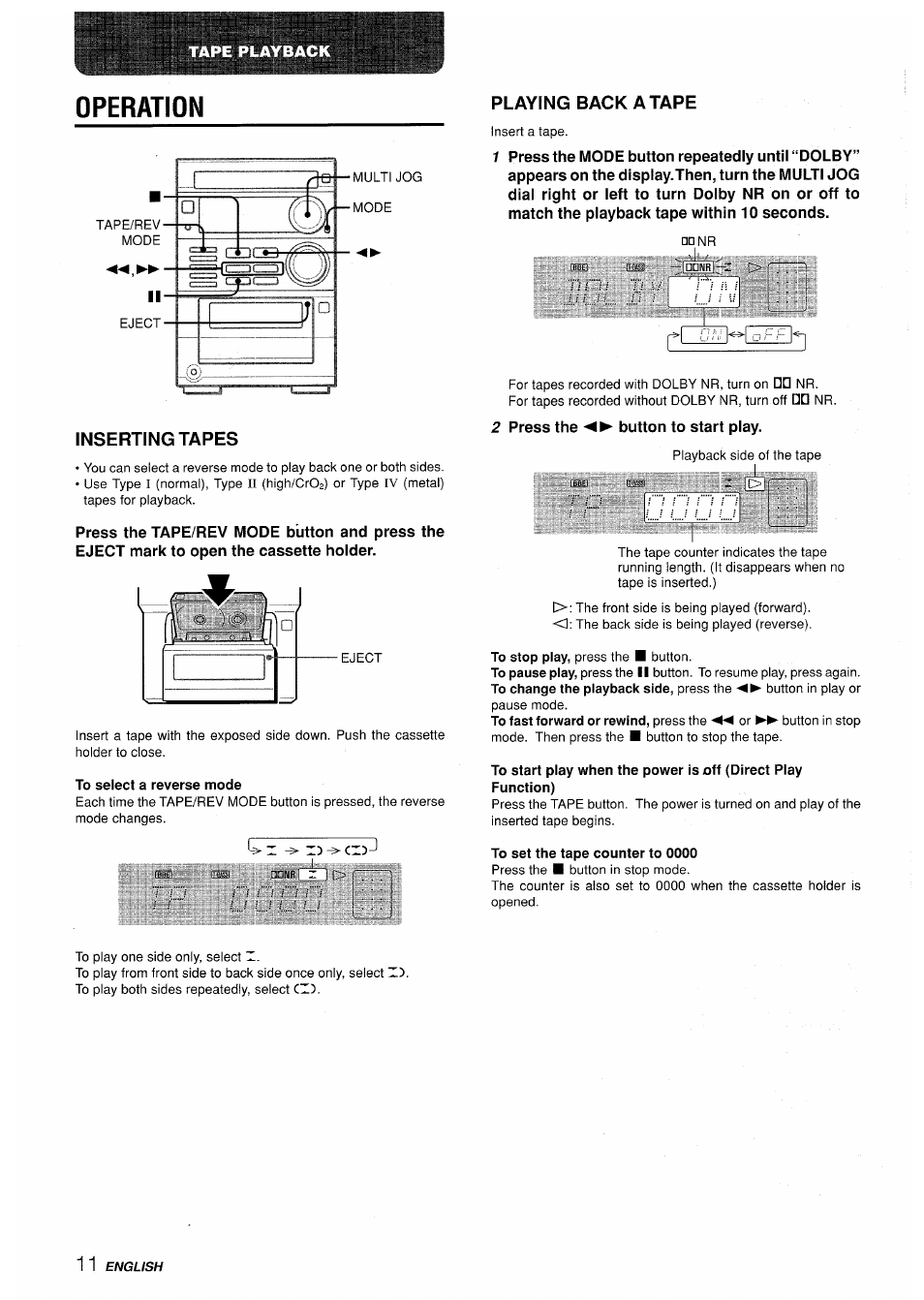 Operation, Inserting tapes, To select a reverse mode | Playing back a tape, To set the tape counter to 0000, Ti ;■ ■ ■ ■ ; / ■ ;'/ i .r jj i j .:....... ij i i, L.kij | Aiwa XR-M35 User Manual | Page 12 / 64