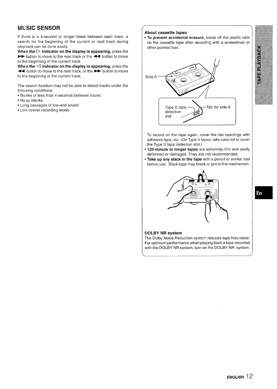Music sensor, About cassette tapes, Dolby nr system | Aiwa XR-M35 User Manual | Page 13 / 64
