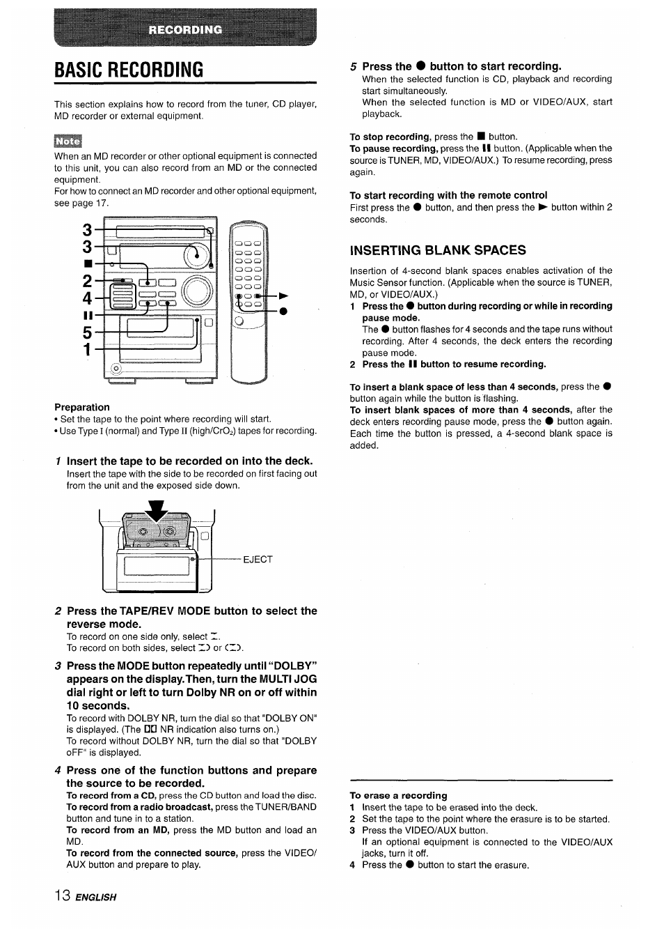 Basic recording, Inserting blank spaces | Aiwa XR-M35 User Manual | Page 14 / 64