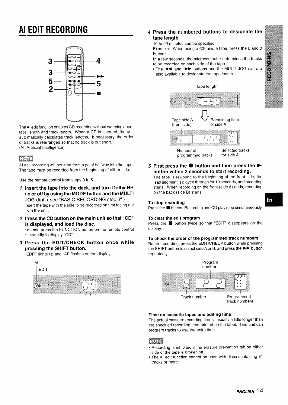 Al edit recording, To stop recording, To check the order of the programmed track numbers | Time on cassette tapes and editing time | Aiwa XR-M35 User Manual | Page 15 / 64