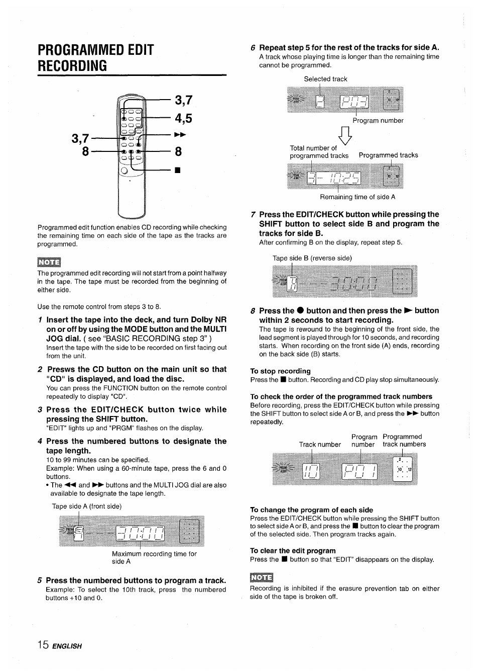Programmed edit recording, To stop recording, To check the order of the programmed track numbers | To change the program of each side, To clear the edit program | Aiwa XR-M35 User Manual | Page 16 / 64