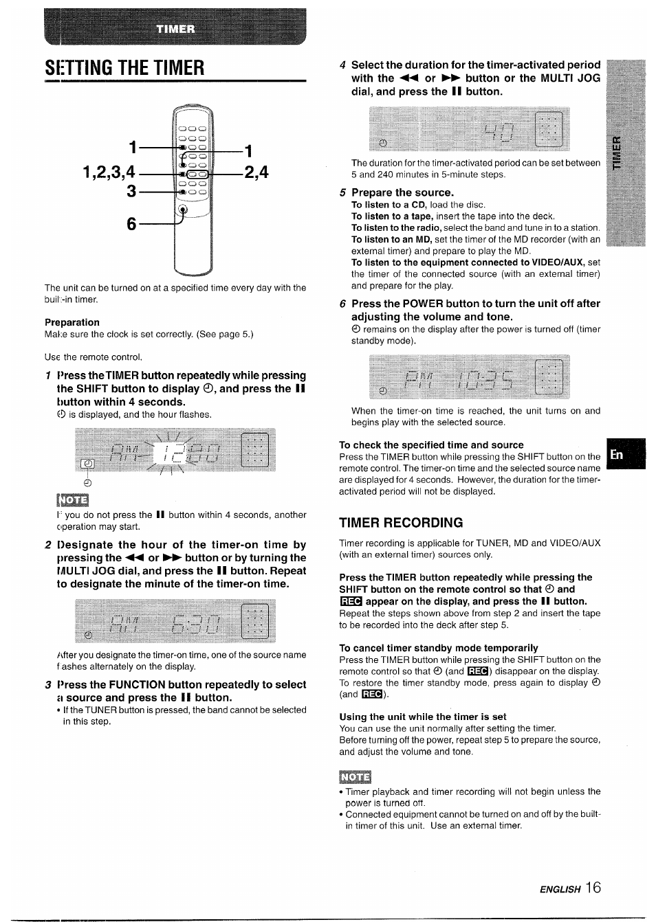 Preparation, Timer recording, To check the specified time and source | To cancel timer standby mode temporarily, Using the unit while the timer is set, Operation, Slitting the timer, Iiliilii | Aiwa XR-M35 User Manual | Page 17 / 64