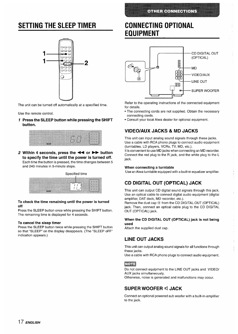 Connecting optional equipment, To cancel the sleep timer, Video/aux jacks & md jacks | When connecting a turntable, Cd digital out (optical) jack, Line out jacks, Superwoofer <l jack | Aiwa XR-M35 User Manual | Page 18 / 64