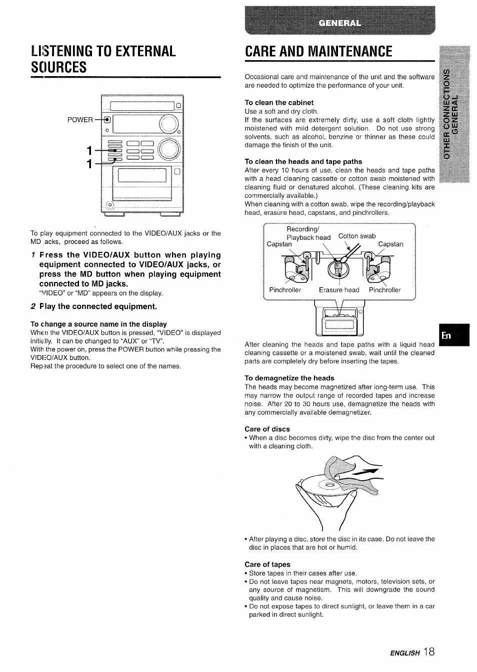 Listening to external sources, To c hange a source name in the display, Care and maintenance | To clean the cabinet, To clean the heads and tape paths, To demagnetize the heads, Care of discs, Care of tapes | Aiwa XR-M35 User Manual | Page 19 / 64