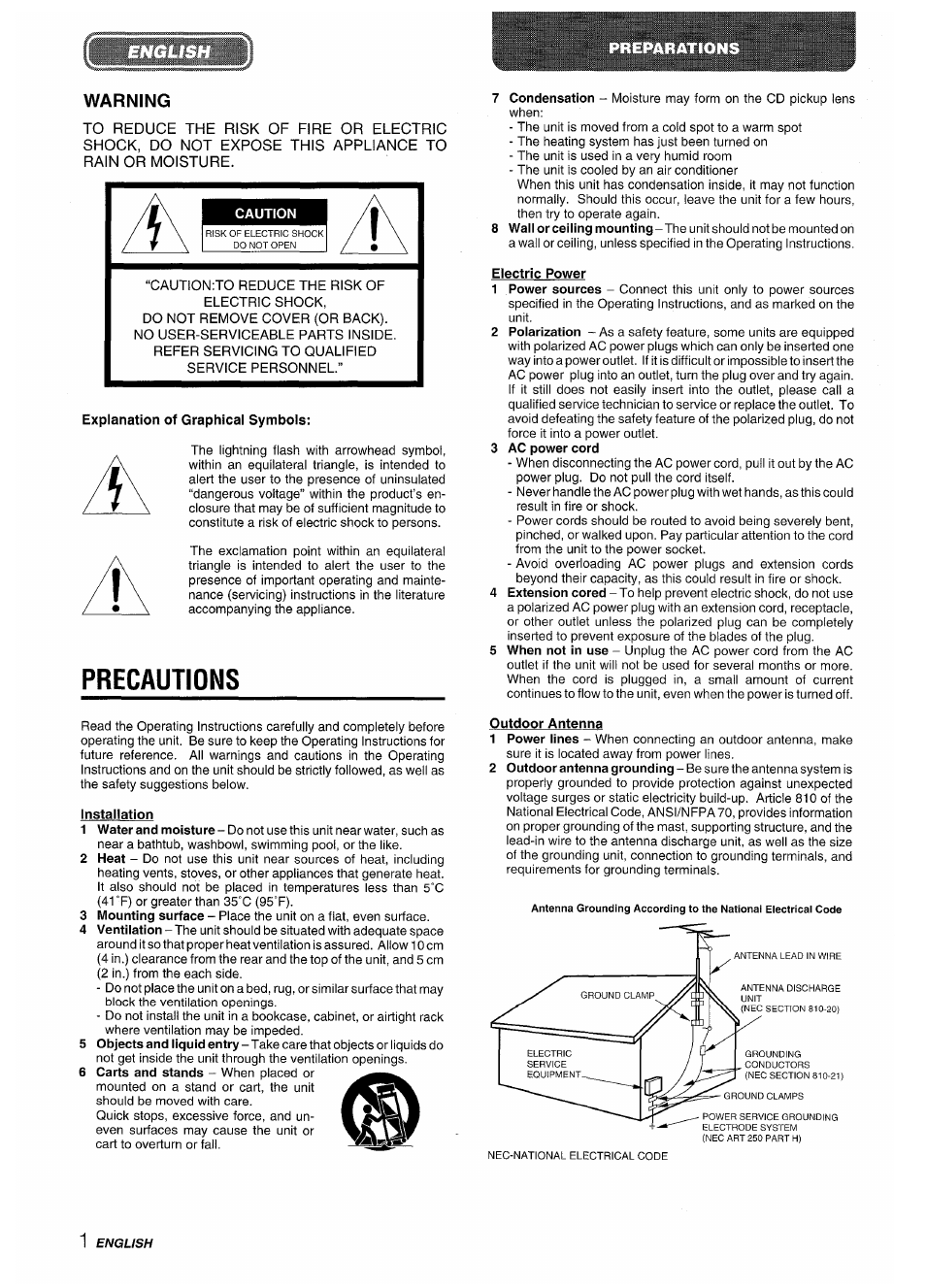 Warning, Caution, Explanation of graphical symbols | Precautions, Installation, Electric power, 3 ac power cord, Outdoor antenna | Aiwa XR-M35 User Manual | Page 2 / 64