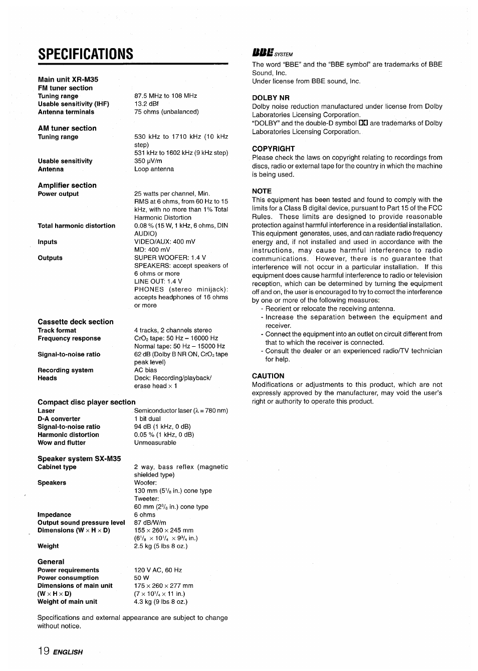 Compact disc player section, Dolby nr, Copyright | Note, Caution, General, Specifications | Aiwa XR-M35 User Manual | Page 20 / 64