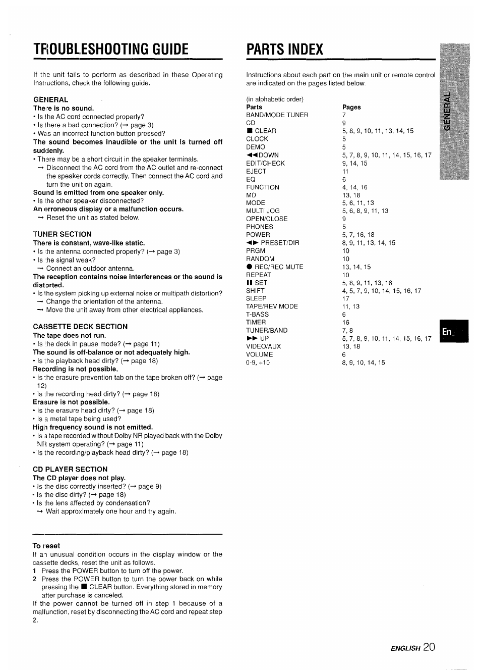 General there is no sound, Tuner section, Cassette deck section the tape does not run | Cd player section the cd player does not play, To reset, Troubleshooting guide parts index | Aiwa XR-M35 User Manual | Page 21 / 64