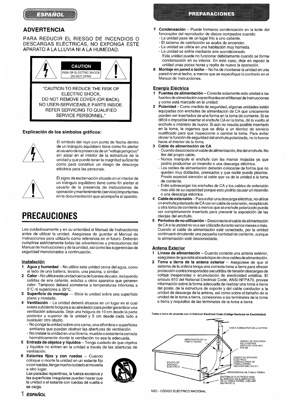 Advertencia, Caution, Explicación de los símbolos gráficos | Precauciones, Instalación, Energía eléctrica, 3 cable de alimentación de ca, Antena exterior, Español | Aiwa XR-M35 User Manual | Page 22 / 64