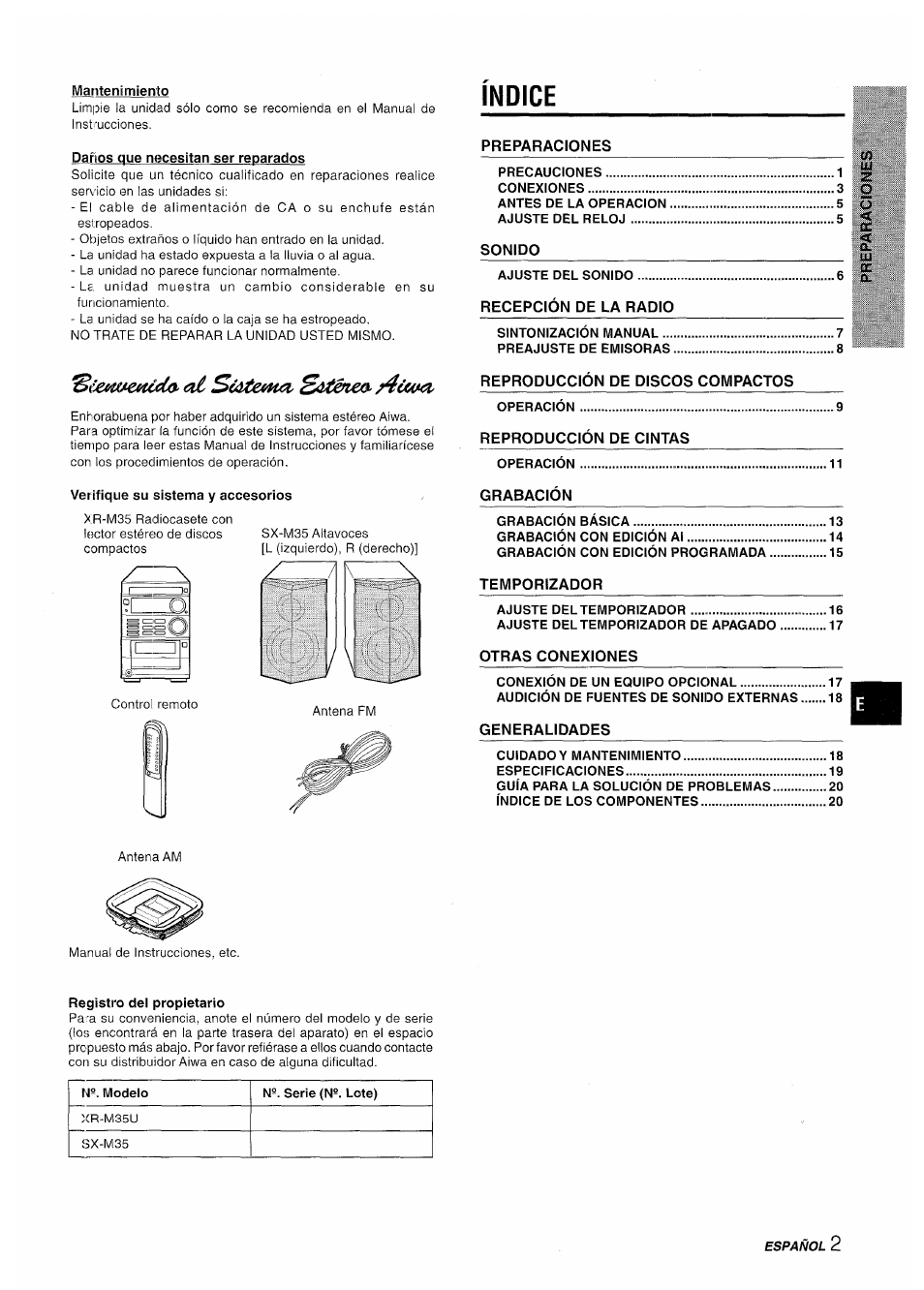 Mantenimiento, Darlos que necesitan ser reparados, Verifique su sistema y accesorios | Indice, Registro del propietario | Aiwa XR-M35 User Manual | Page 23 / 64