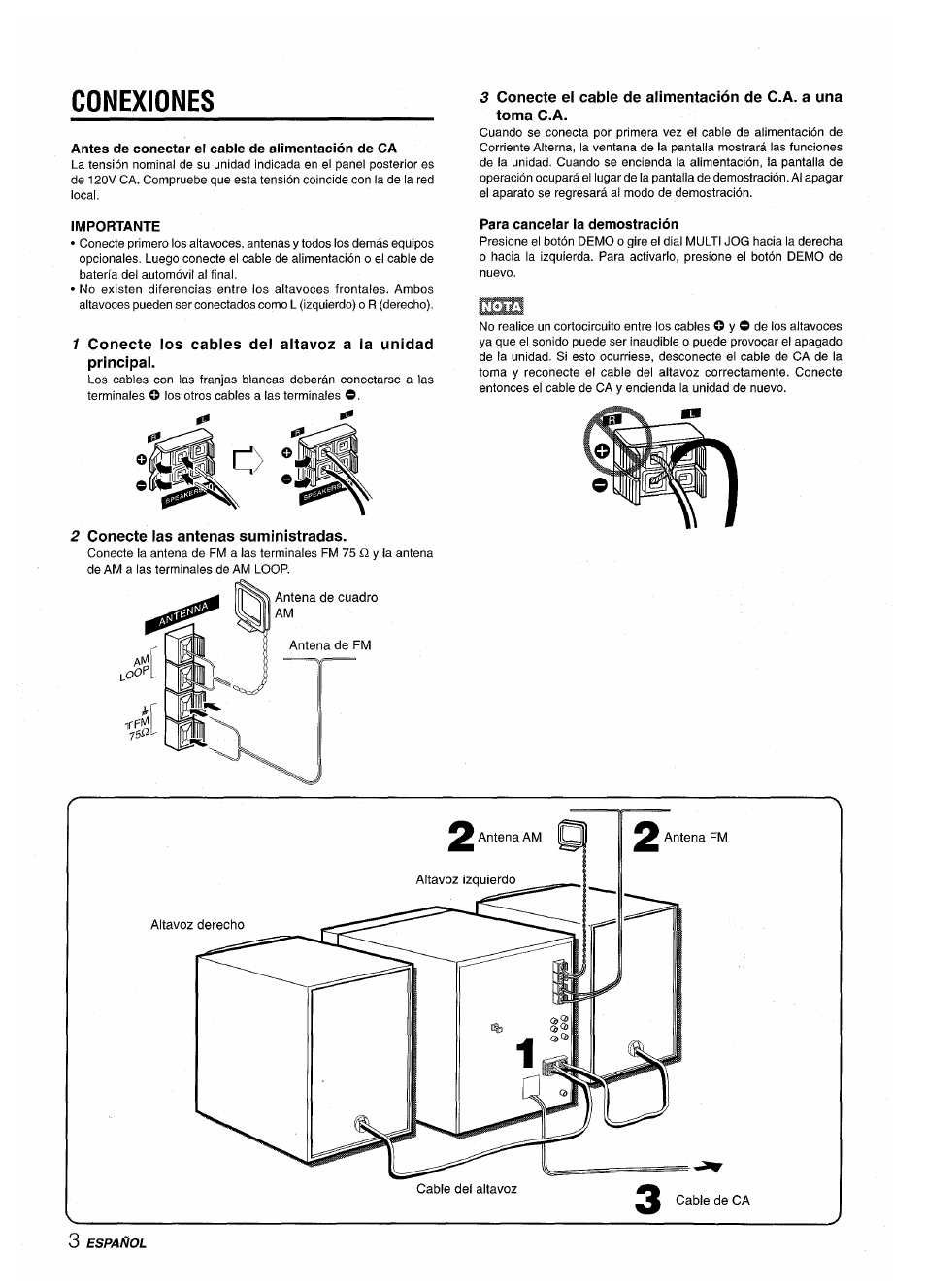 Conexiones, Antes de conectar el cable de alimentación de ca, Importante | Para cancelar la demostración | Aiwa XR-M35 User Manual | Page 24 / 64