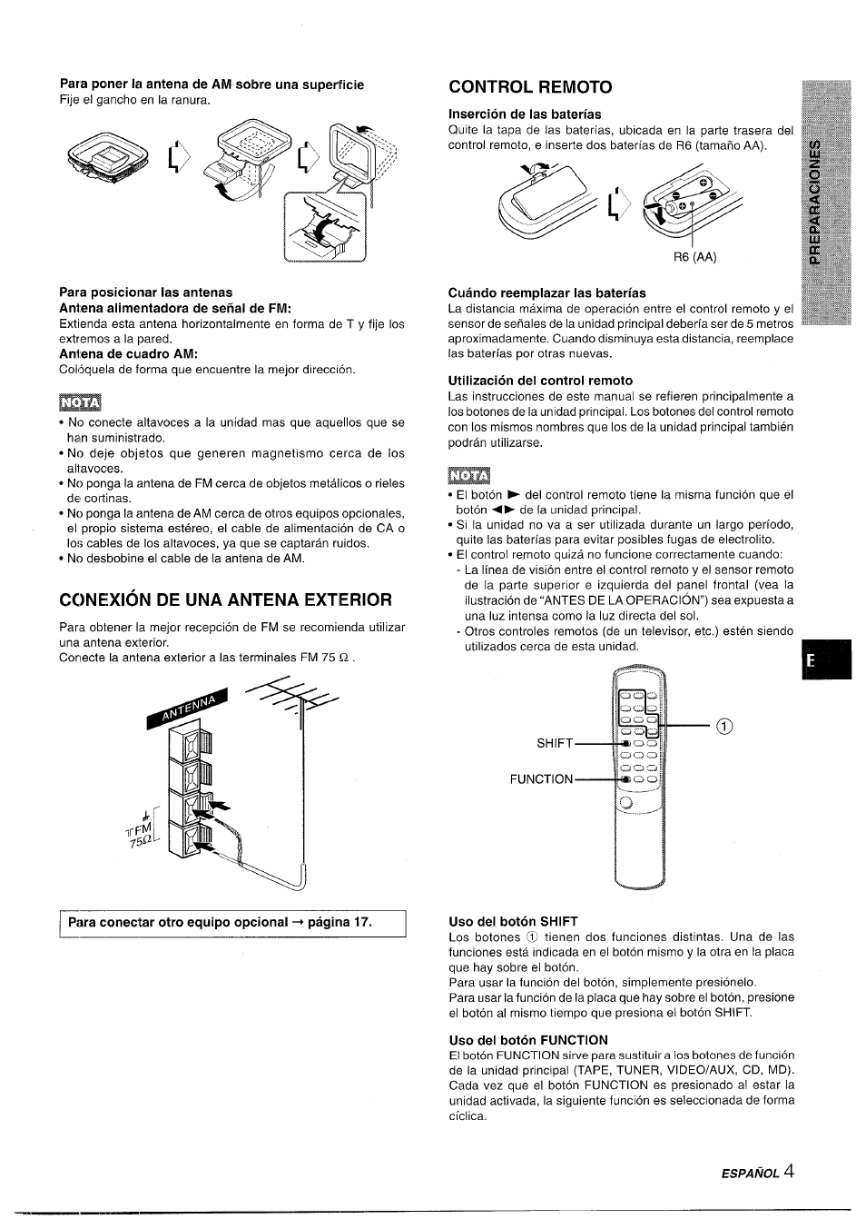 Para poner la antena de am sobre una superficie, Control remoto, Inserción de las baterías | Conexion de una antena exterior, Cuándo reemplazar las baterías, Utilización del control remoto, Uso dei botón shift, Uso del botón function | Aiwa XR-M35 User Manual | Page 25 / 64