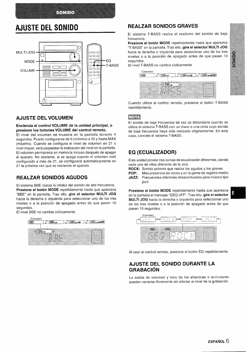 Ajuste del sonido, Realzar sonidos graves, Ajuste del volumen | Realzar sonidos agudos, Eq (ecualizador), Ajuste del sonido durante la grabación, Isiib | Aiwa XR-M35 User Manual | Page 27 / 64