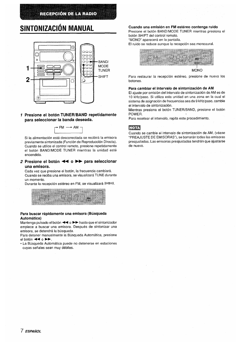 Sintonizacion manual, Cuando una emisión en fm estéreo contenga ruido, Para cambiar ei intervaio de sintonización de am | Sintonización manual | Aiwa XR-M35 User Manual | Page 28 / 64