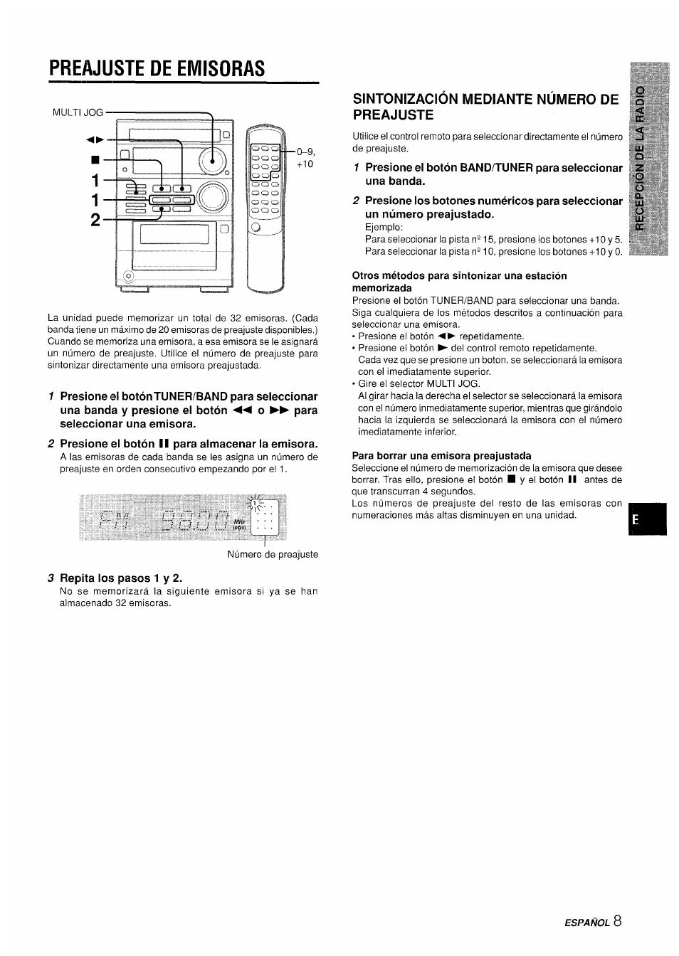 Preajuste de emisoras, Sintonización mediante número de preajuste, Para borrar una emisora preajustada | Aiwa XR-M35 User Manual | Page 29 / 64