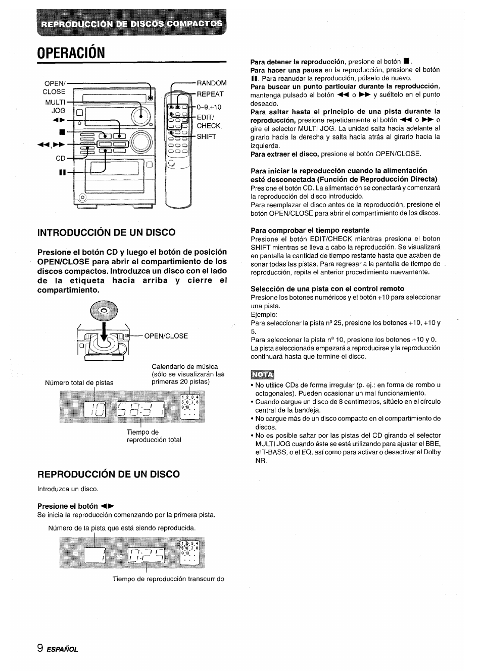 Para detener la reproducción, presione el botón, Introduccion de un disco, Reproduccion de un disco | Para comprobar el tiempo restante, Selección de una pista con el controi remoto, Presione el botón, Operacion | Aiwa XR-M35 User Manual | Page 30 / 64