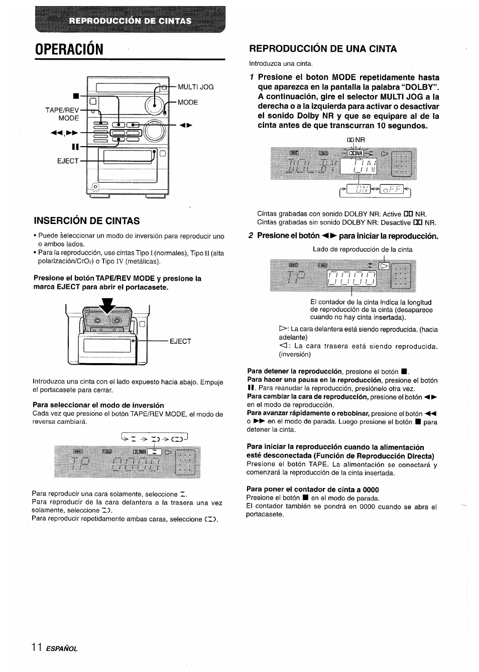 Reproduccion de una cinta, Inserción de cintas, Para seleccionar el modo de inversión | Para poner el contador de cinta a 0000, Operacion | Aiwa XR-M35 User Manual | Page 32 / 64