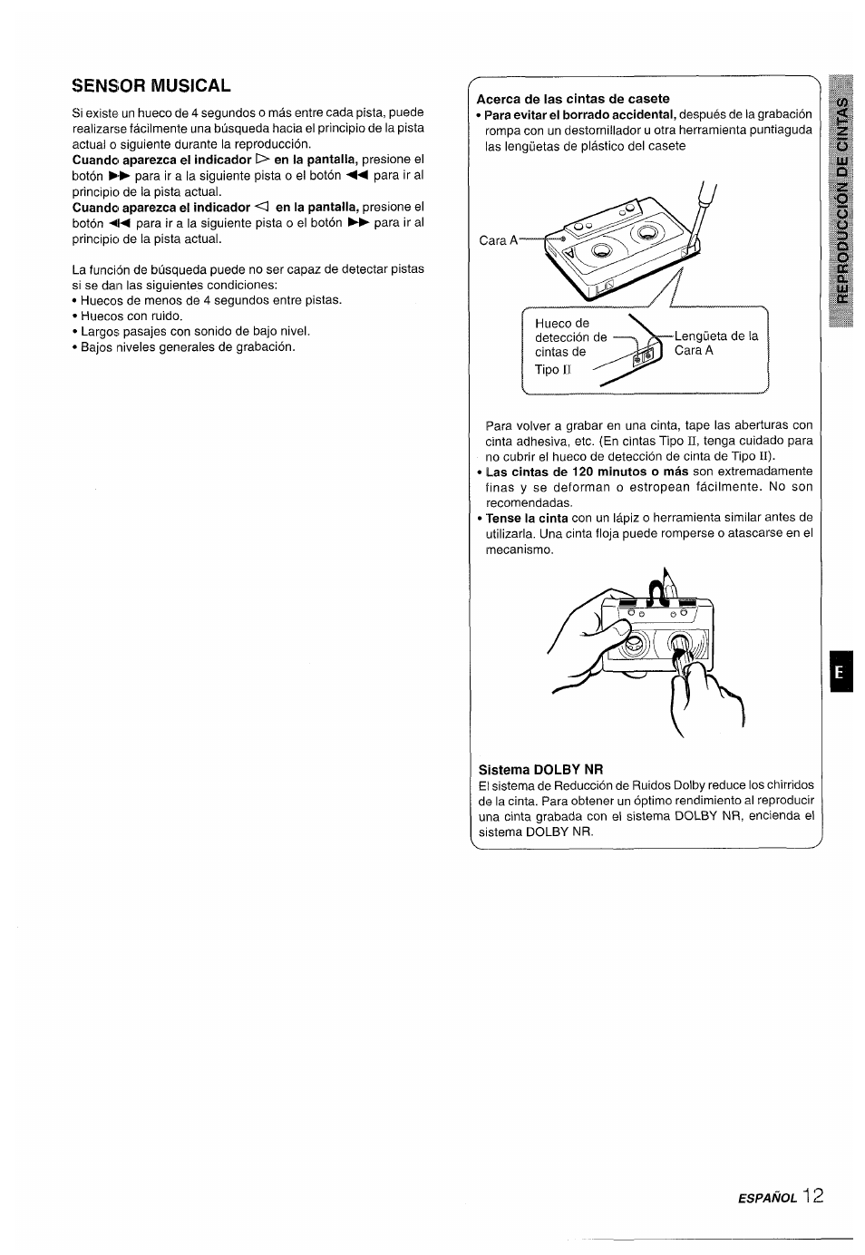 Sensor musical, Acerca de las cintas de casete, Sistema dolby nr | Aiwa XR-M35 User Manual | Page 33 / 64