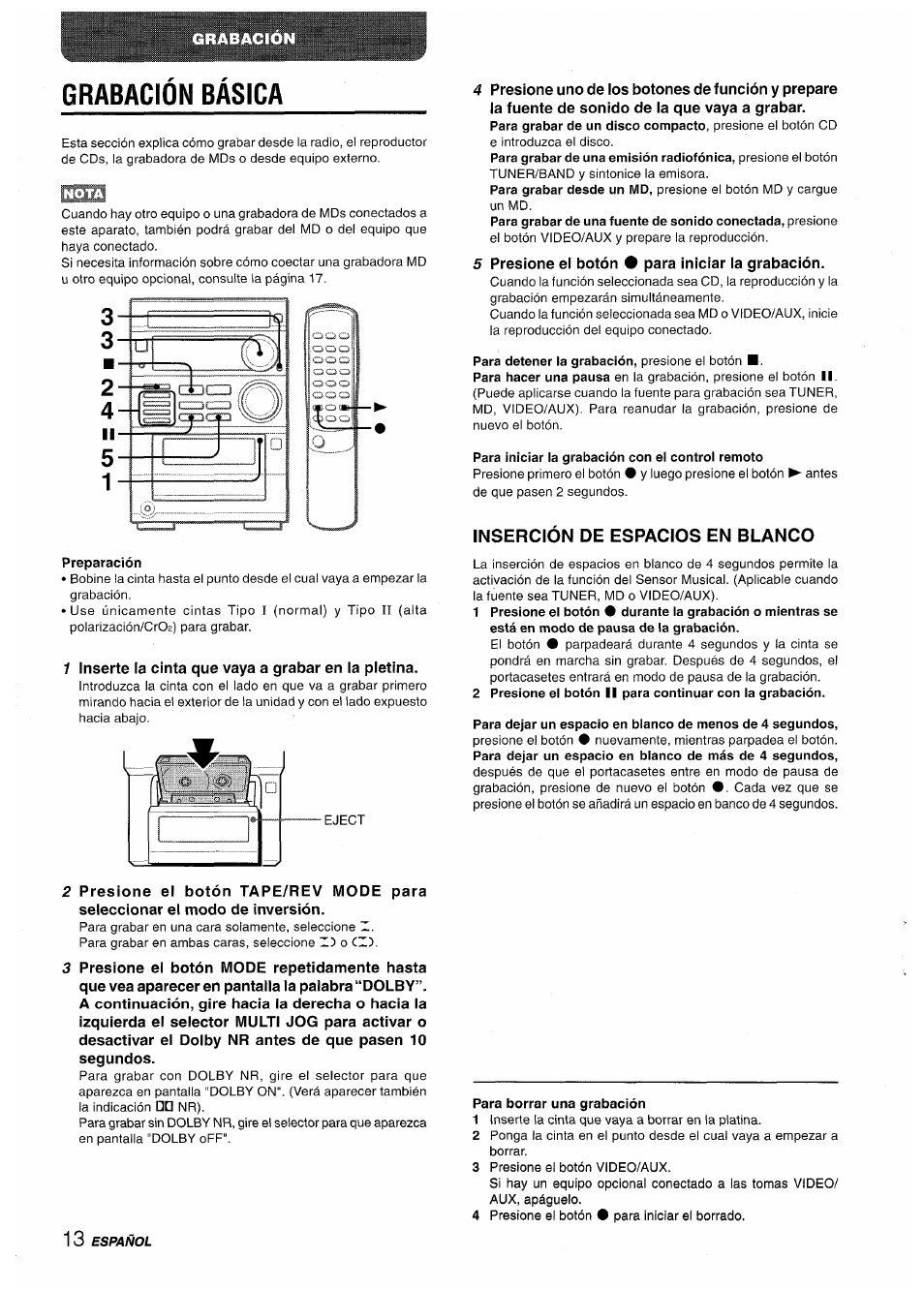 Grabacion basica, Preparación, Para iniciar la grabación con el control remoto | Inserción de espacios en blanco, Operación, Grabación básica | Aiwa XR-M35 User Manual | Page 34 / 64
