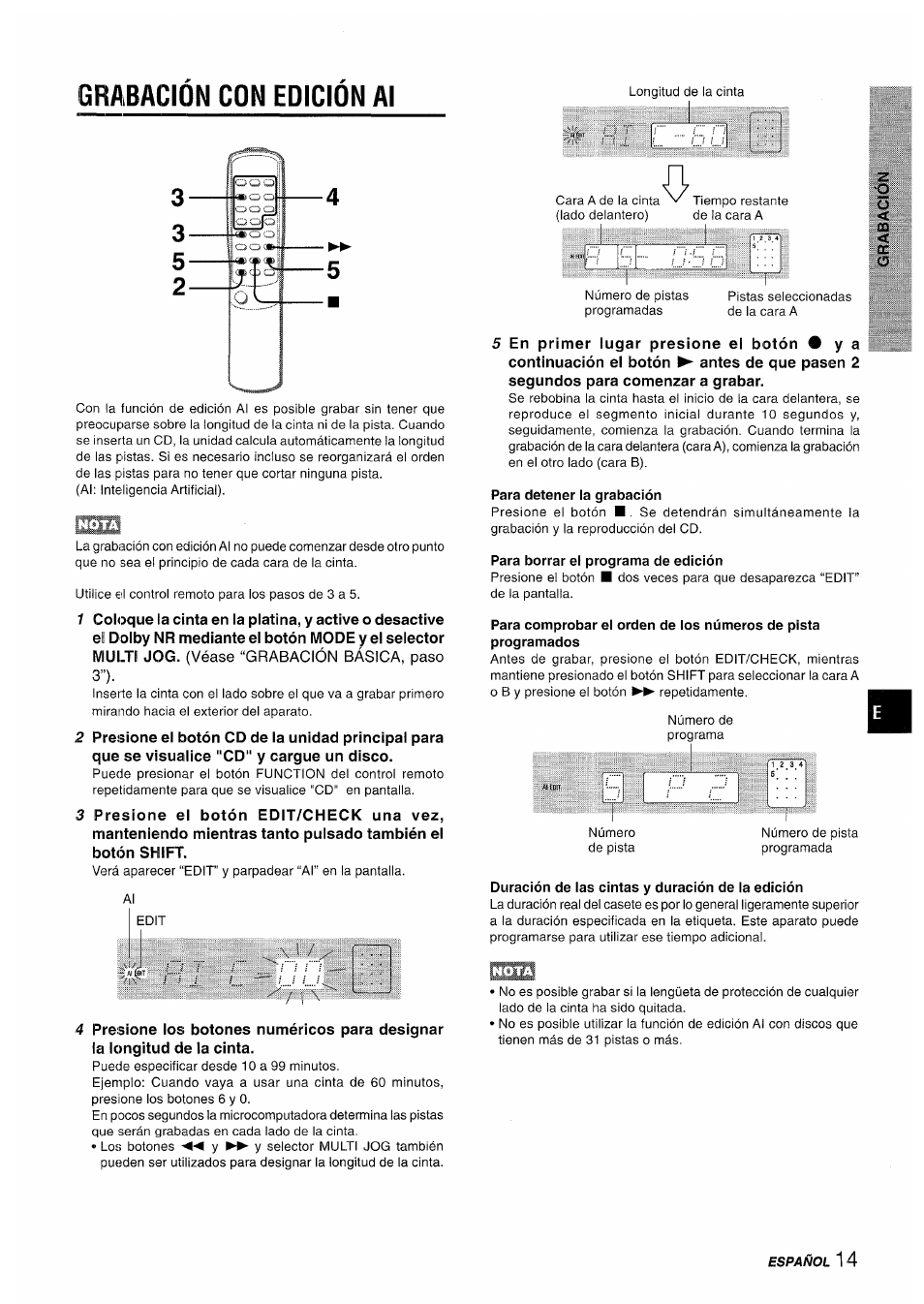 Grabacion con edicion al, Para detener la grabación, Para borrar el programa de edición | Duración de las cintas y duración de la edición, Grabación con edición al | Aiwa XR-M35 User Manual | Page 35 / 64