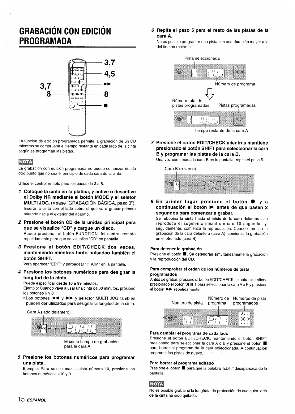 Grabacion con edición programada, Para detener la grabación, Para cambiar el programa de cada lado | Para borrar el programa editado, Grabación con edición programada | Aiwa XR-M35 User Manual | Page 36 / 64