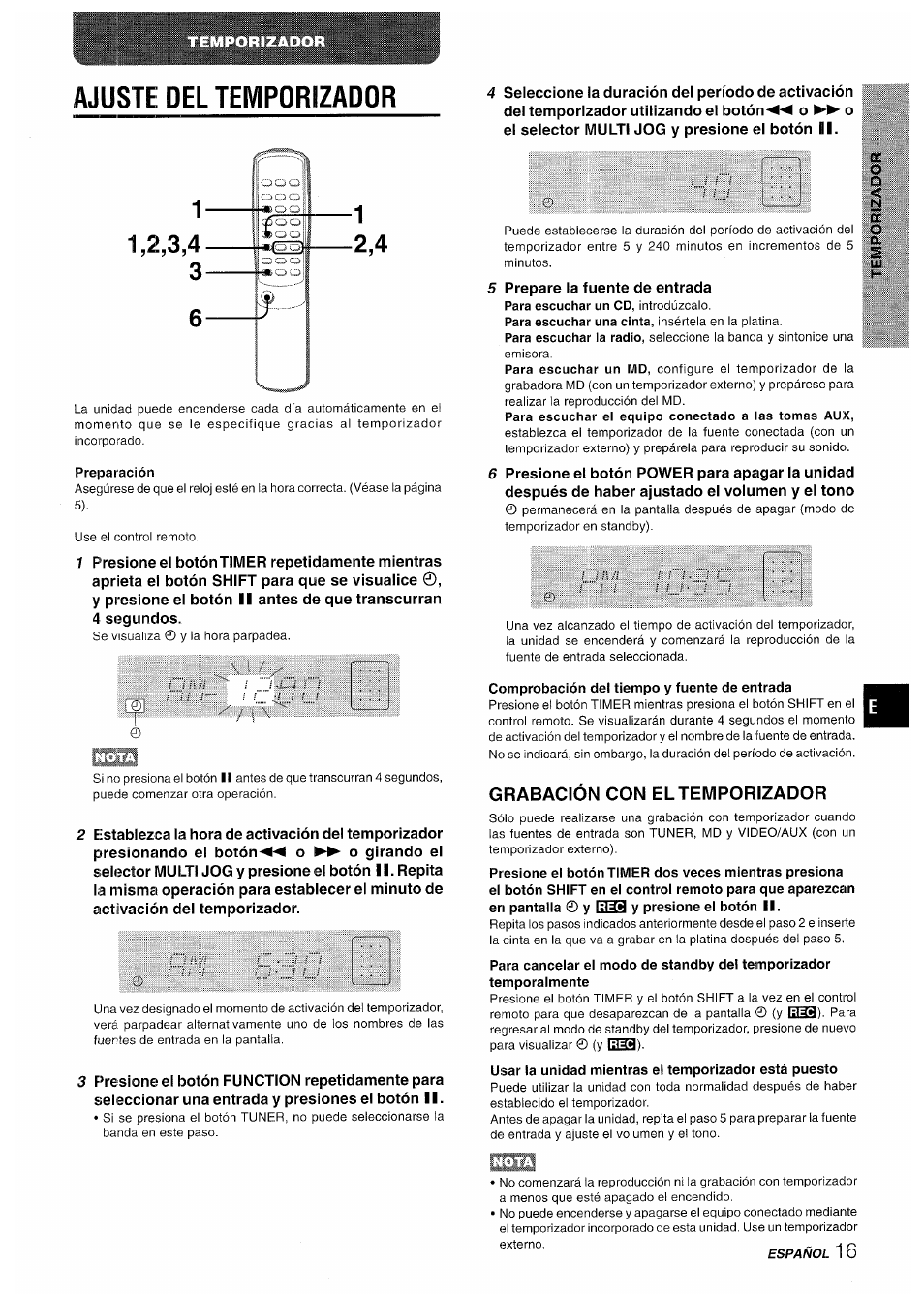 Ajuste del temporizador, Preparación, Comprobación del tiempo y fuente de entrada | Grabación con el temporizador, Operación | Aiwa XR-M35 User Manual | Page 37 / 64