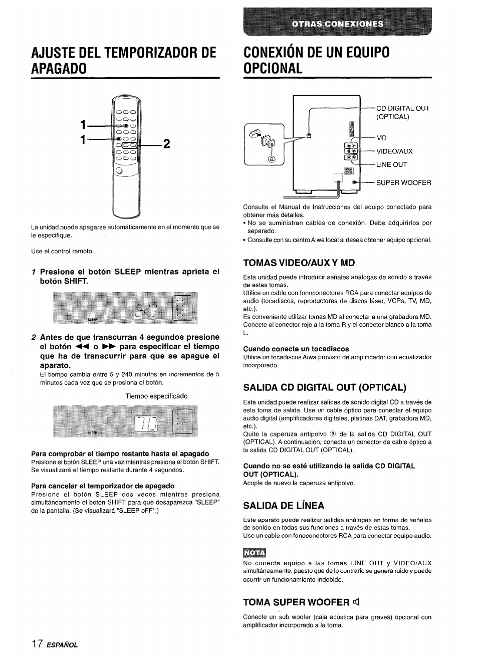 Ajuste del temporizador de apagadd, Para comprobar el tiempo restante hasta el apagado, Para cancelar el temporizador de apagado | Tomas video/auxy md, Cuando conecte un tocadiscos, Salida cd digital out (optical), Salida de linea, Toma superwoofer, Ajuste del temporizador de apagado, Cdnexion de un equipo dpcidnal | Aiwa XR-M35 User Manual | Page 38 / 64