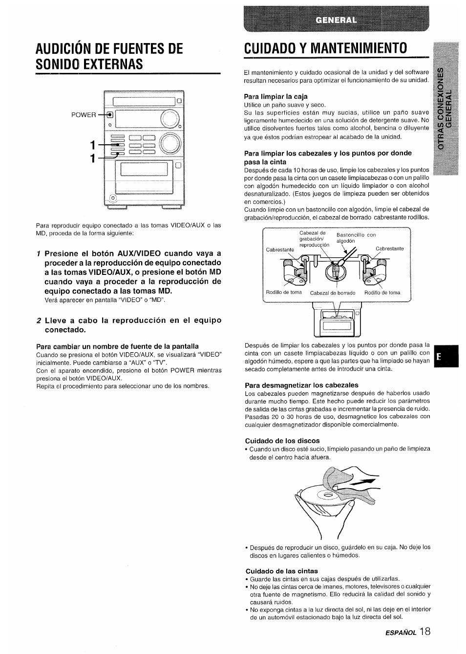 Audicion de fuentes de sonido externas, Para cambiar un nombre de fuente de la pantalla, Cuidado y mantenimiento | Para limpiar la caja, Para desmagnetizar los cabezales, Cuidado de los discos, Audición de fuentes de sonido externas | Aiwa XR-M35 User Manual | Page 39 / 64