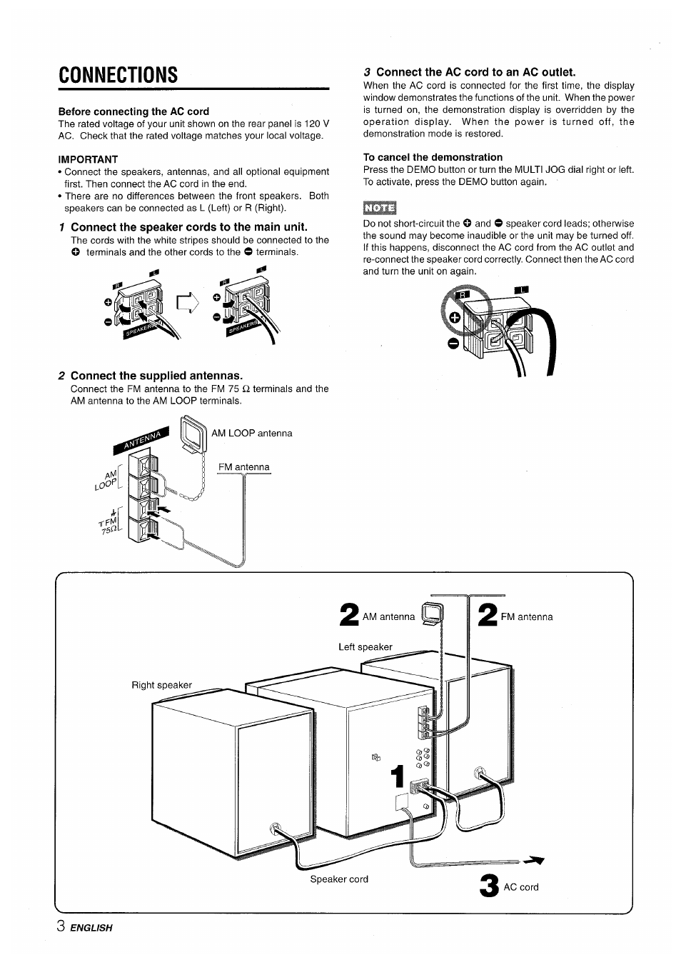 Connections, Before connecting the ac cord, Important | To cancel the demonstration | Aiwa XR-M35 User Manual | Page 4 / 64