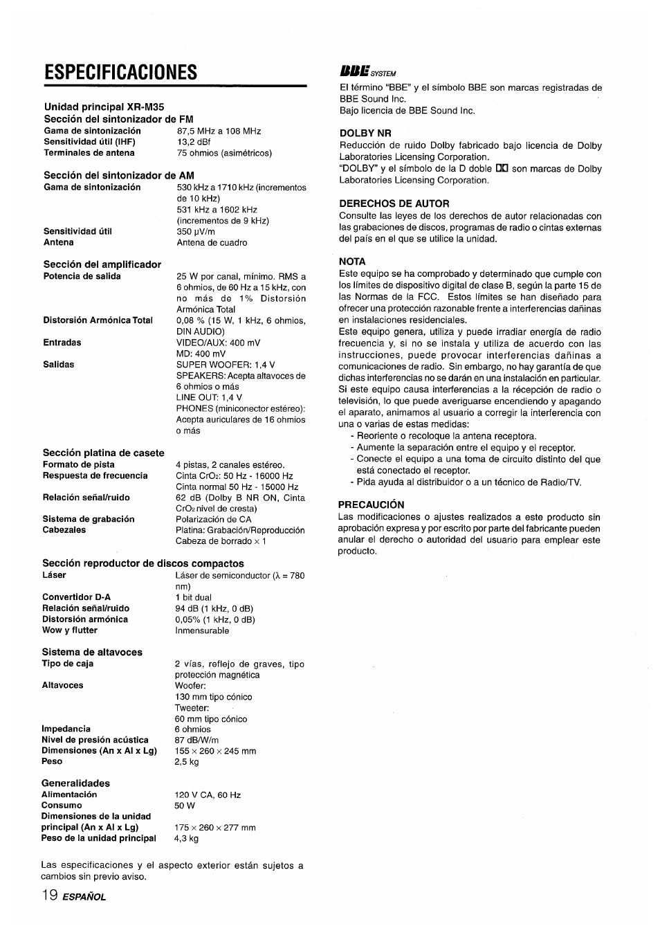 Unidad principal xr-m35, Sección del sintonizador de am, Sección del amplificador | Sección reproductor de discos compactos, Sistema de altavoces, Generalidades, Dolby nr, Derechos de autor, Nota, Precaución | Aiwa XR-M35 User Manual | Page 40 / 64