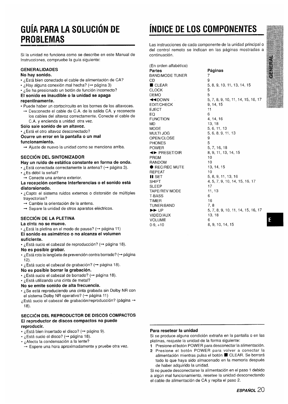 Guia para la solucion de problemas, Índice de los componentes, Para resetear la unidad | Aiwa XR-M35 User Manual | Page 41 / 64