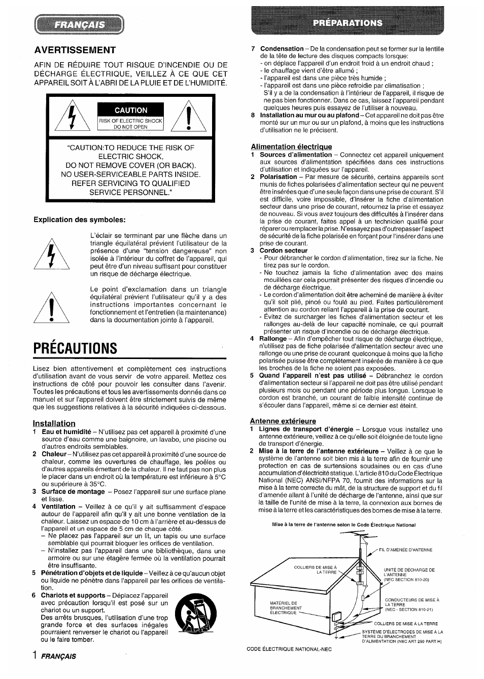 Avertissement, Caution, Explication des symboles | Precautions, Alimentation électrique, 3 cordon secteur, Antenne extérieure | Aiwa XR-M35 User Manual | Page 42 / 64