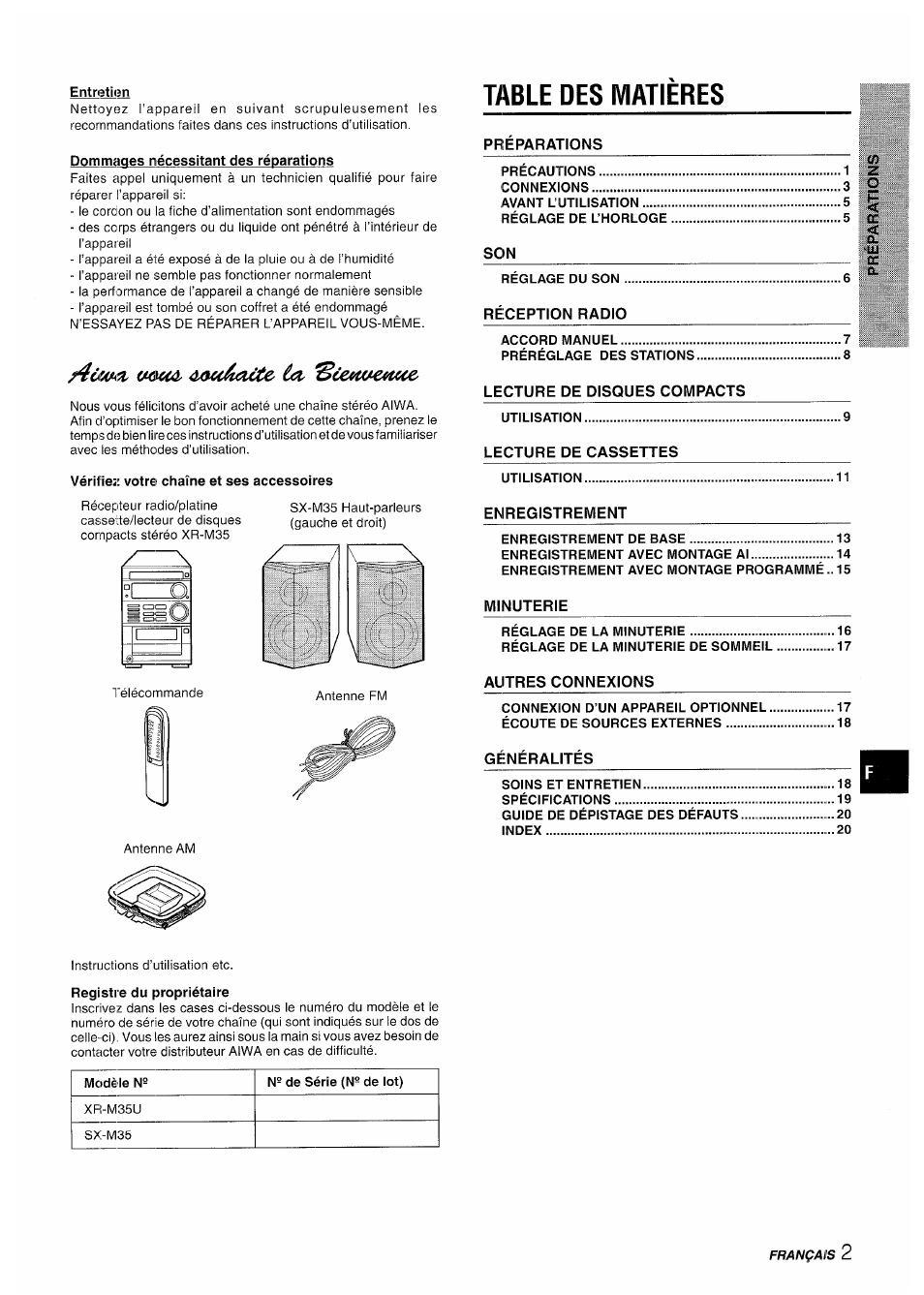 Table des matieres | Aiwa XR-M35 User Manual | Page 43 / 64