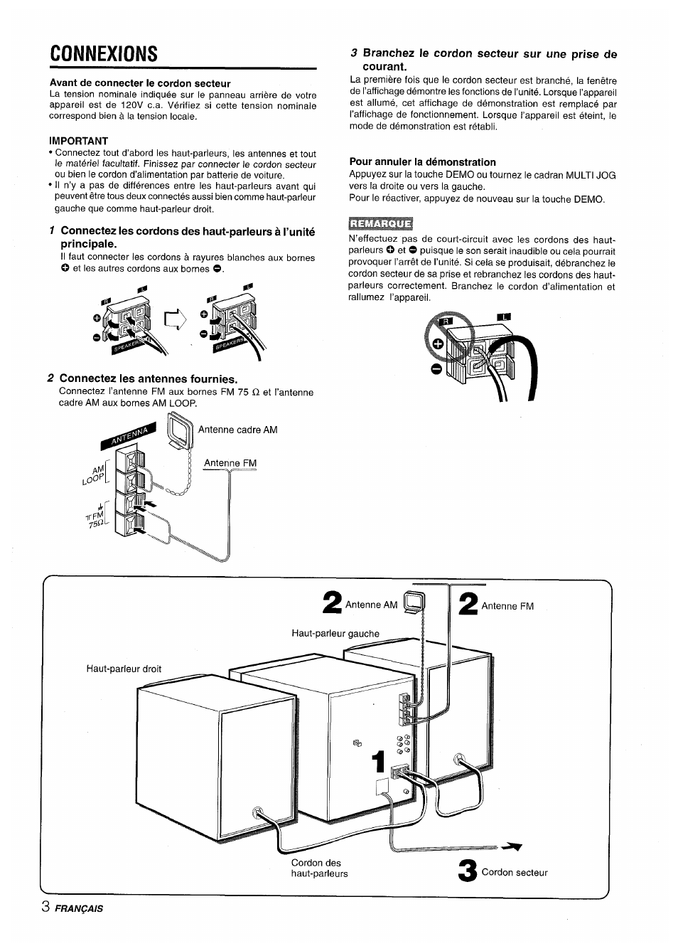 Connexions, Avant de connecter le cordon secteur, Important | Pour annuler la démonstration, Conexiones o | Aiwa XR-M35 User Manual | Page 44 / 64