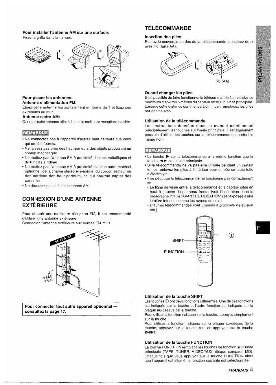 Pour installer l’antenne am sur une surface, Pour placer les antennes, Connexion d’une antenne extérieure | Telecommande, Insertion des piies, Quand changer les piles, Utilisation de la télécommande, Utilisation de la touche shift, Utilisation de la touche function | Aiwa XR-M35 User Manual | Page 45 / 64