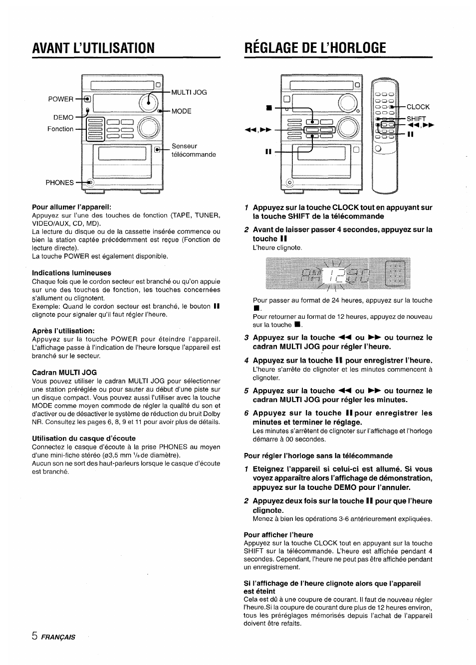 Avant l’utilisation, Reglage de l’horloge, Avant l’utilisation ^ réglage de l’horloge | Avant l’utilisation reglage de l’horloge | Aiwa XR-M35 User Manual | Page 46 / 64