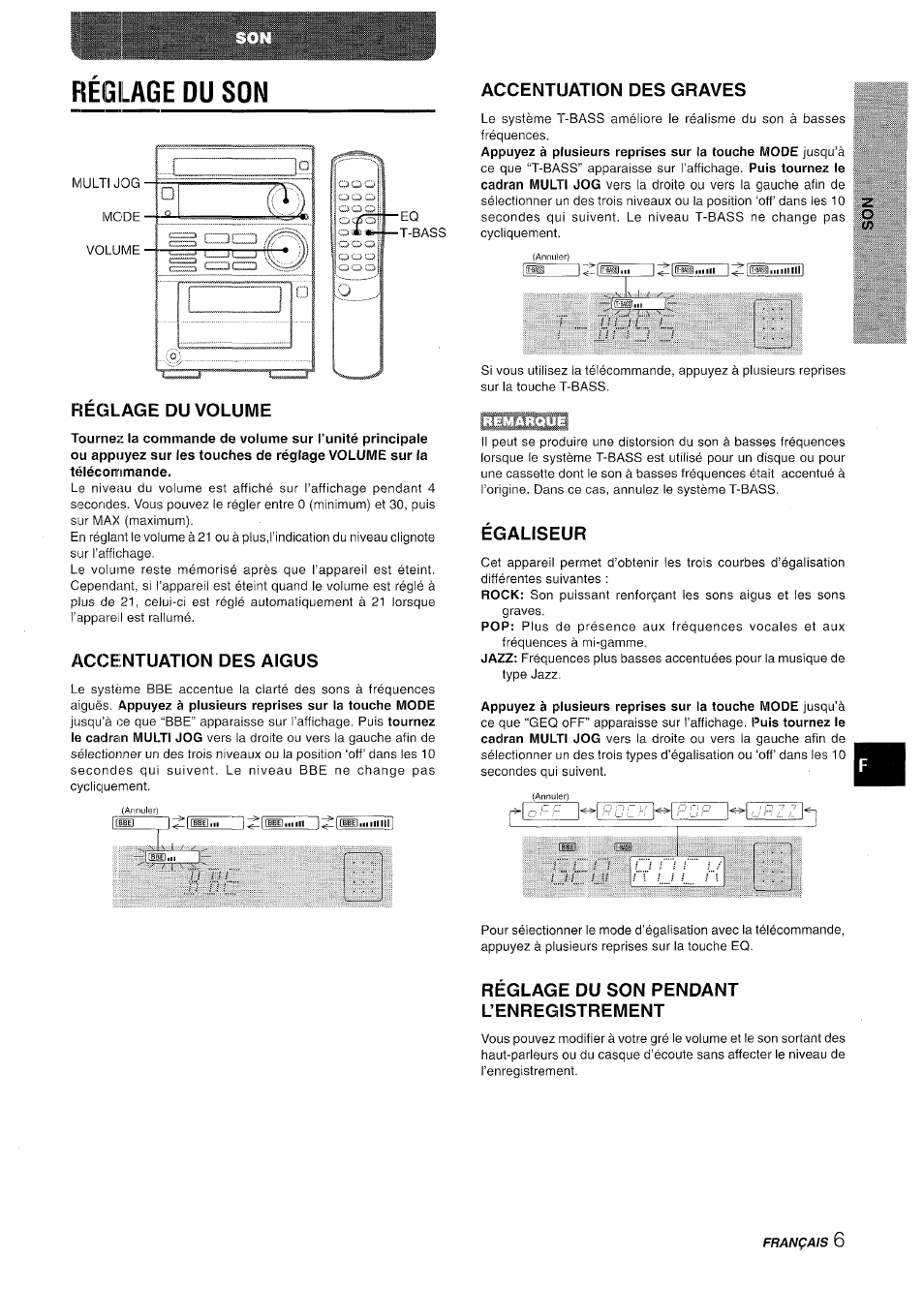 Reglage du son, Reglage du volume, Accentuation des aigus | Accentuation des graves, Égaliseur, Réglage du son pendant l’enregistrement, Réglage du son | Aiwa XR-M35 User Manual | Page 47 / 64