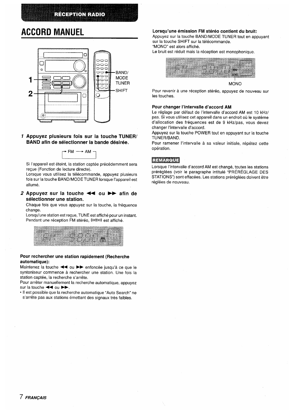 Accord manuel, Lorsqu’une émission fm stéréo contient du bruit, Pour changer i’intervaile d’accord am | Aiwa XR-M35 User Manual | Page 48 / 64