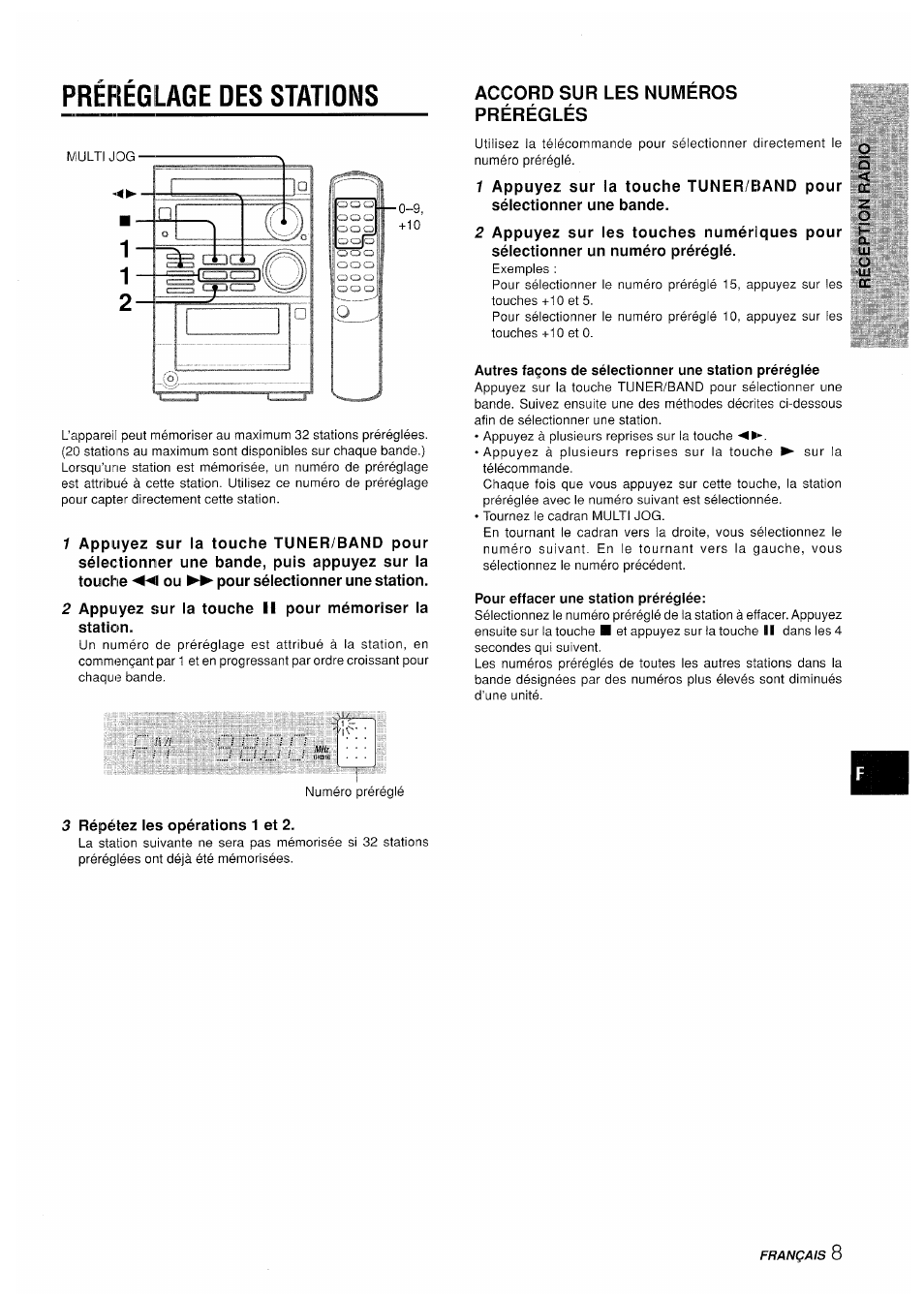 Prereglage des stations, Accord sur les numeros préréglés, Pour effacer une station préréglée | Préréglage des stations | Aiwa XR-M35 User Manual | Page 49 / 64