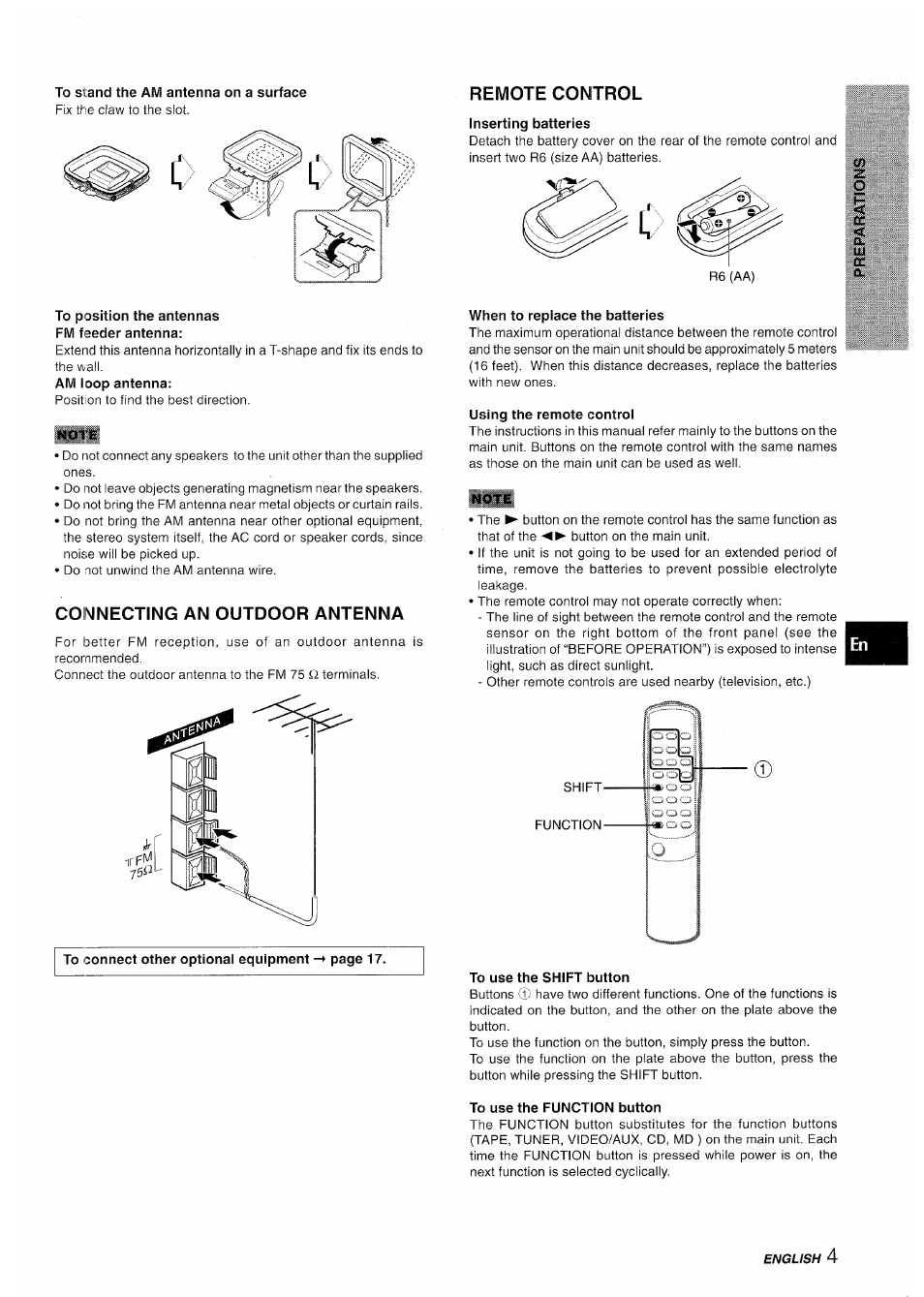 To stand the am antenna on a surface, Remote control, Inserting batteries | To position the antennas fm feeder antenna, Connecting an outdoor antenna, When to replace the batteries, Using the remote control, To use the shift button, To use the function button | Aiwa XR-M35 User Manual | Page 5 / 64