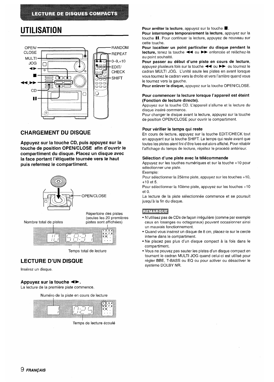 Chargement du disque, Lecture d’un disque, Pour vérifier le temps qui reste | Sélection d’une piste avec la télécommande, Utilisation | Aiwa XR-M35 User Manual | Page 50 / 64