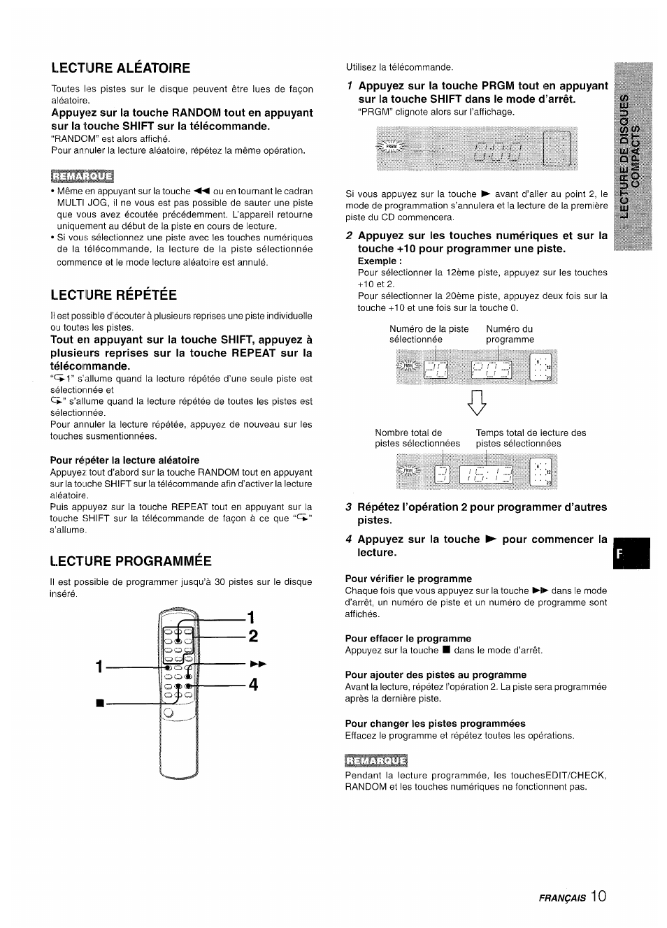 Lecture aleatoire, Lecture repetee, Pour répéter la lecture aléatoire | Lecture programmee, Pour vérifier le programme, Pour effacer le programme, Pour ajouter des pistes au programme, Pour changer les pistes programmées | Aiwa XR-M35 User Manual | Page 51 / 64