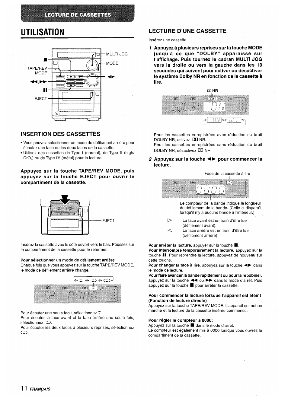 Utilisation, Lecture d’une cassette, Insertion des cassettes | Pour sélectionner un mode de défilement arrière, Pour régler le compteur à 0000, Н insertion des cassettes | Aiwa XR-M35 User Manual | Page 52 / 64