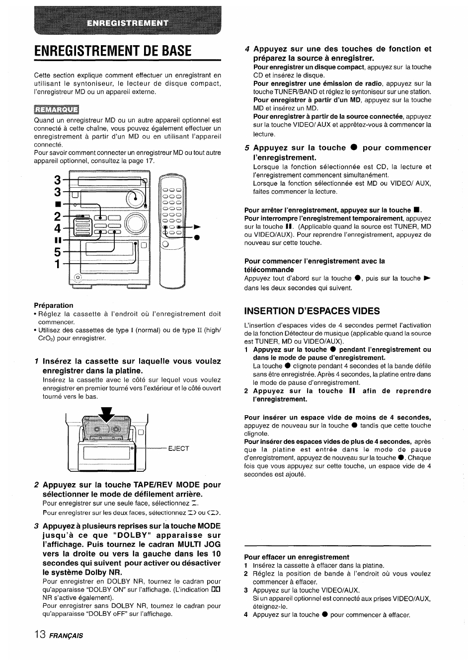 Enregistrement de base, Préparation, Insertion d’espaces vides | Pour insérer un espace vide de moins de 4 secondes, Preparaciones | Aiwa XR-M35 User Manual | Page 54 / 64