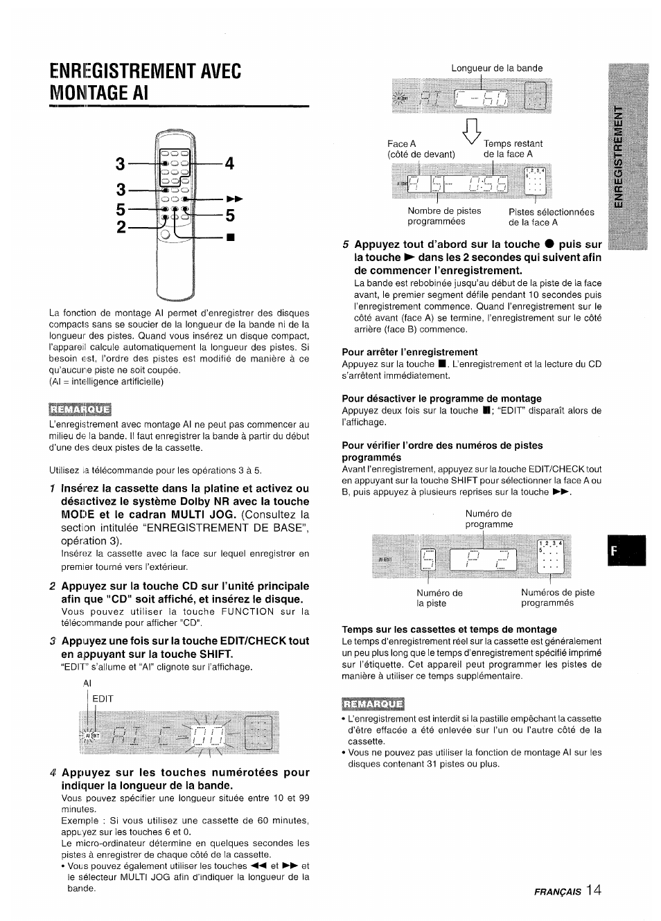 Enregistrement avec montage al, Pour arrêter l’enregistrement, Pour désactiver le programme de montage | Temps sur les cassettes et temps de montage | Aiwa XR-M35 User Manual | Page 55 / 64