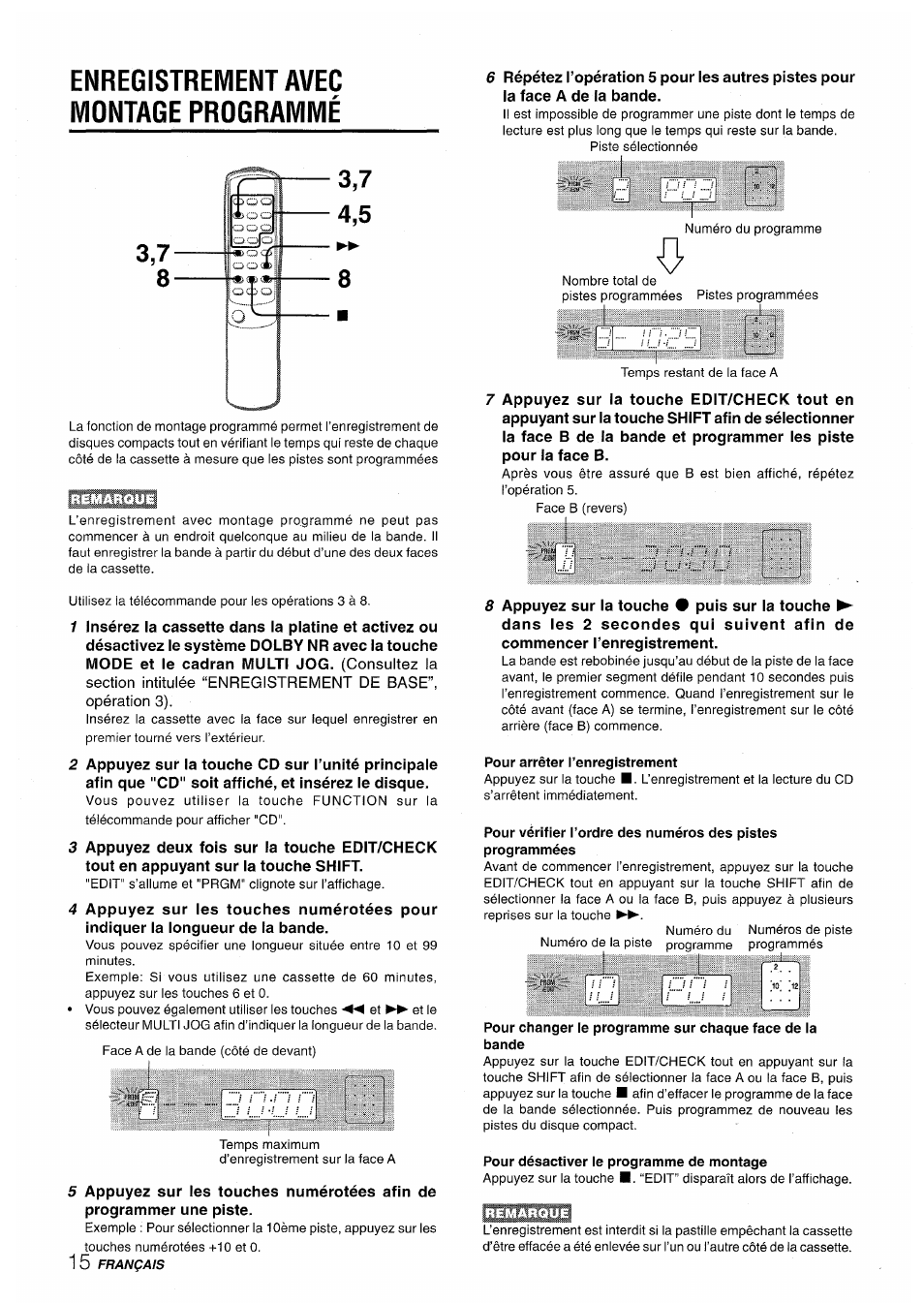Enregistrement avec montage programmé, Pour arrêter l’enregistrement, Pour désactiver le programme de montage | Aiwa XR-M35 User Manual | Page 56 / 64