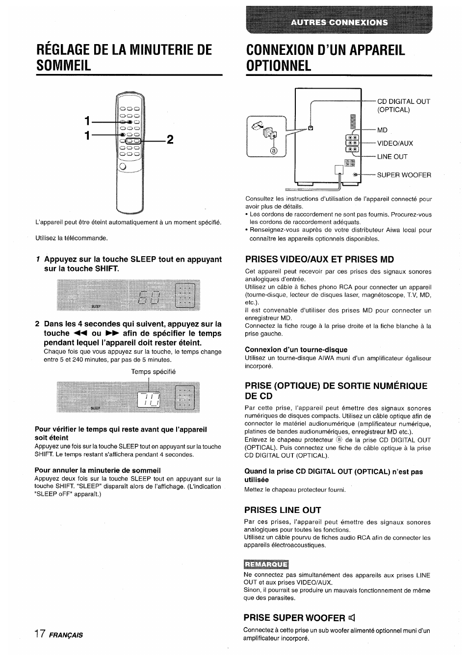 Reglage de la minuterie de sommeil, Connexion d’un appareil optionnel, Pour annuler la minuterie de sommeil | Prises video/aux et prises md, Connexion d’un tourne-disque, Prise (optique) de sortie numérique de cd, Prises line out, Prise superwoofer, Réglage de la minuterie de sommeil | Aiwa XR-M35 User Manual | Page 58 / 64