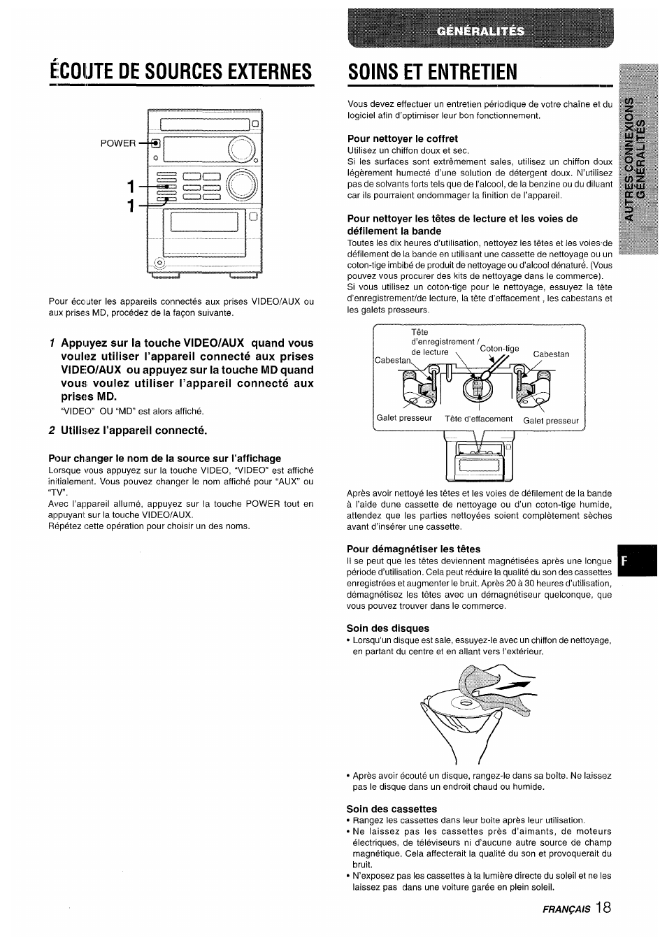 Écoute de sources externes soins et entretien, Pour changer le nom de la source sur l’affichage, Pour nettoyer le coffret | Pour démagnétiser ies têtes, Soin des disques, Soin des cassettes | Aiwa XR-M35 User Manual | Page 59 / 64