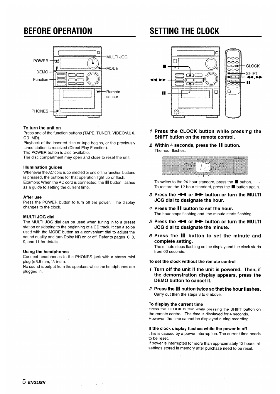 Before operation, Setting the clock, To turn the unit on | Illumination guides, After use, Multi jog dial, Using the headphones, To set the clock without the remote control, To display the current time, Setting the clock oc | Aiwa XR-M35 User Manual | Page 6 / 64