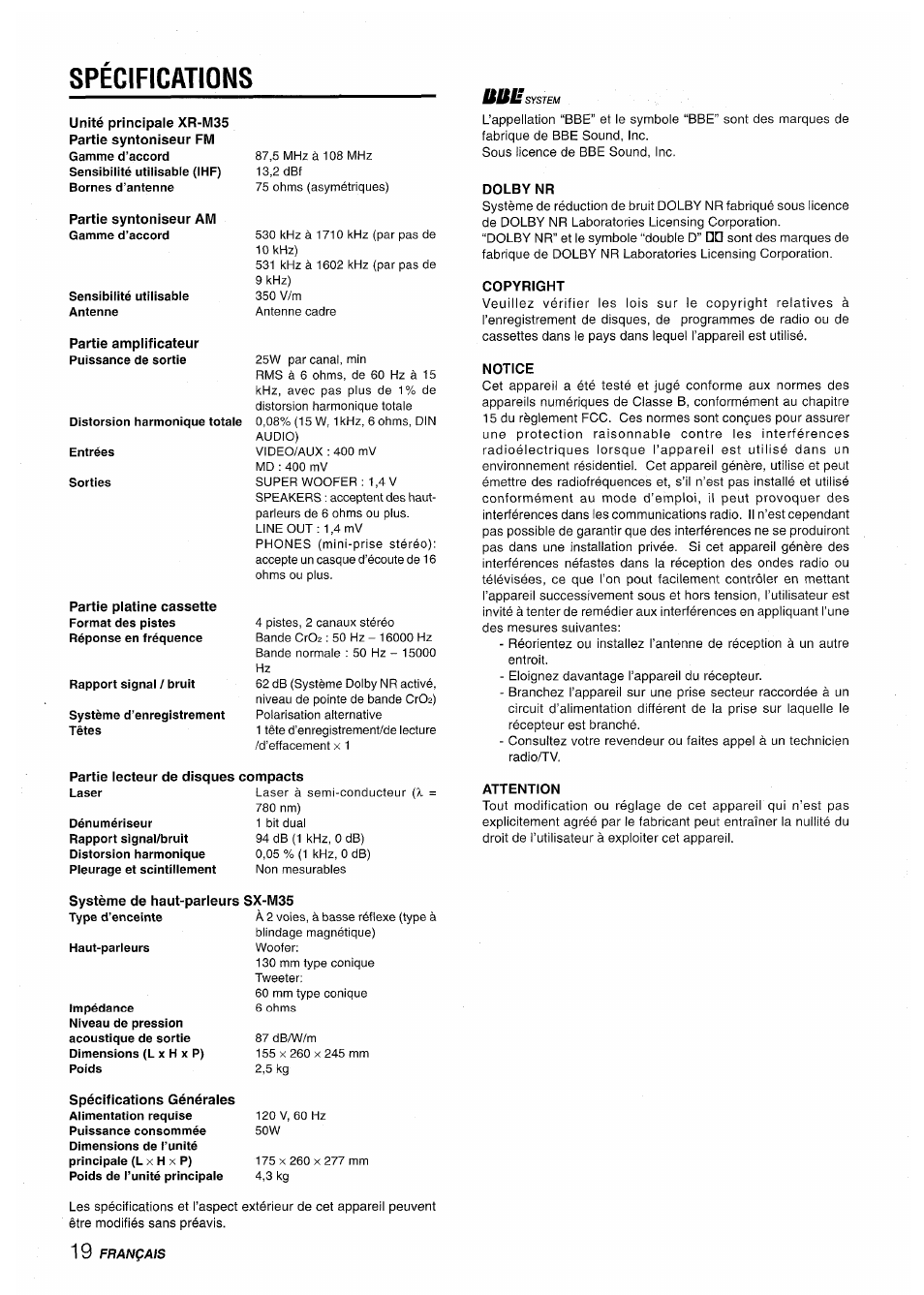 Specifications, Sensibilité utilisable antenne, Distorsion harmonique totale | Entrées, Sorties, Rapport signal/bruit, Système d’enregistrement têtes, Partie lecteur de disques compacts, Dolby nr, Copyright | Aiwa XR-M35 User Manual | Page 60 / 64